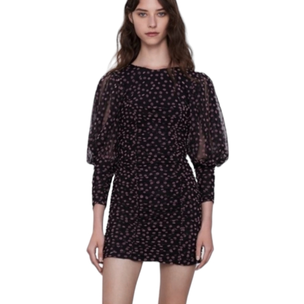 Zara Floral Rouched Draped Puffy Poplin Sleeve Bodycon Dress Women's Size XS